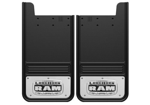Truck Hardware 2-Pc Rear Stainless "Longhorn RAM" Mud Flap Set - Click Image to Close